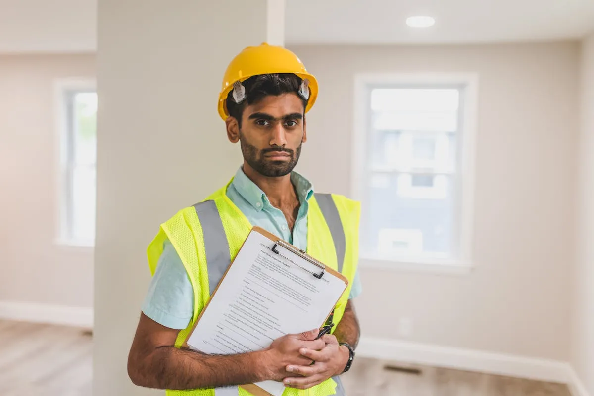 Site manager checking CSCS card at UK construction site entrance