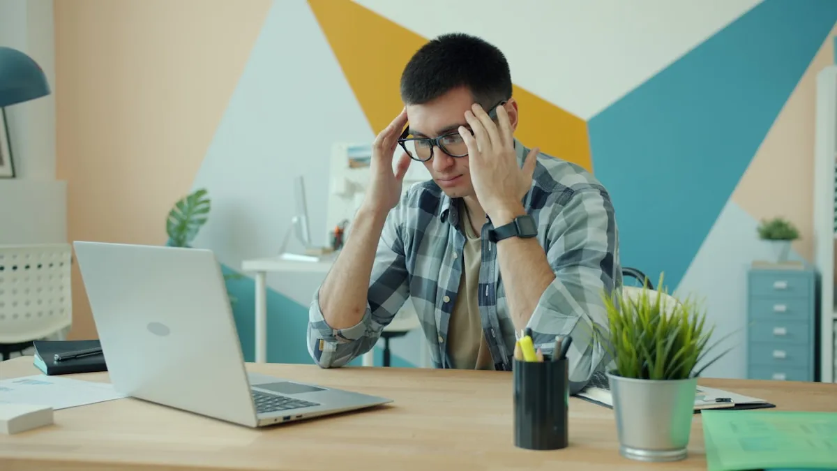 Frustrated site manager looking at tablet with loading screen on construction site