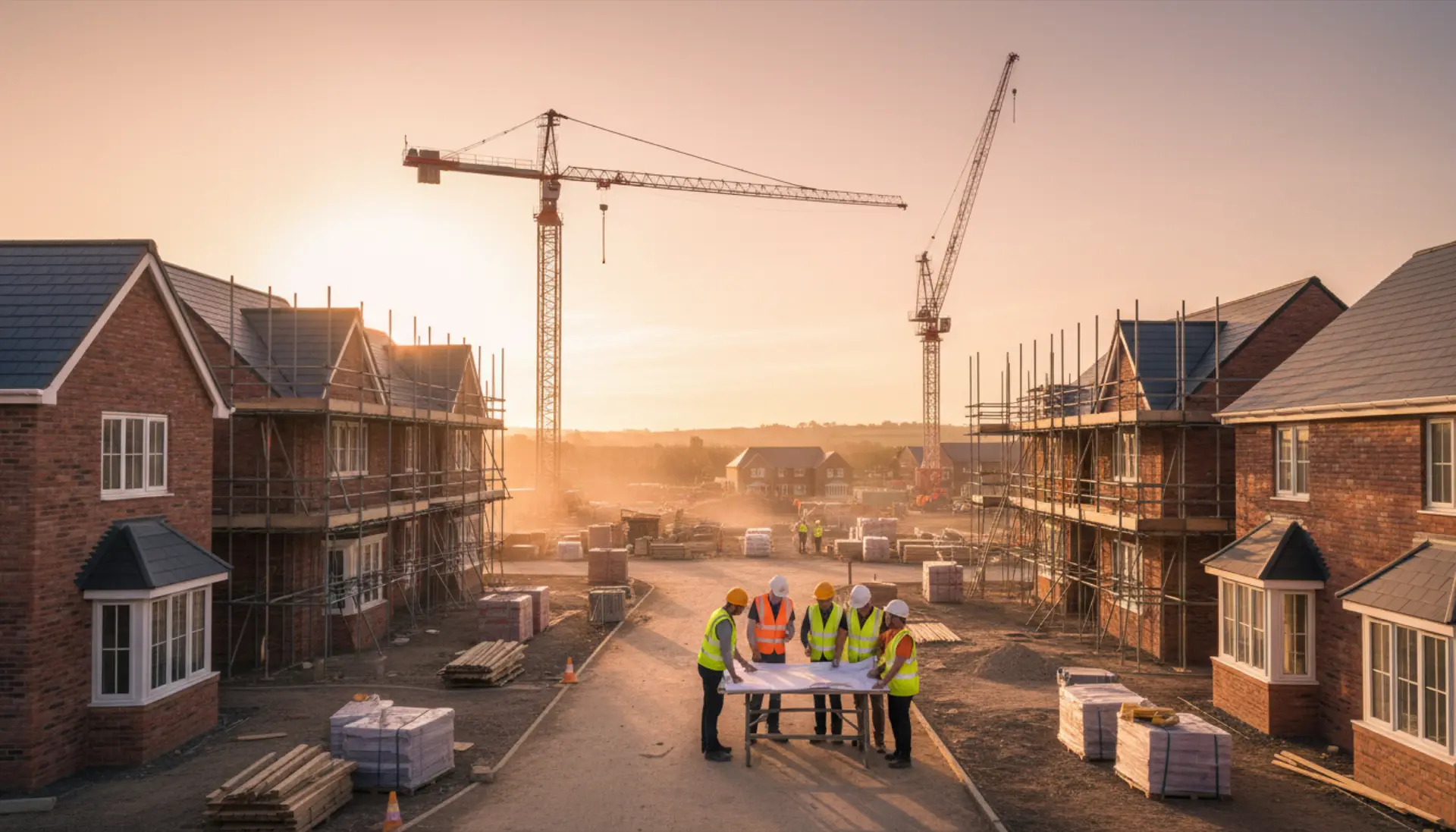 UK construction site with teams collaborating