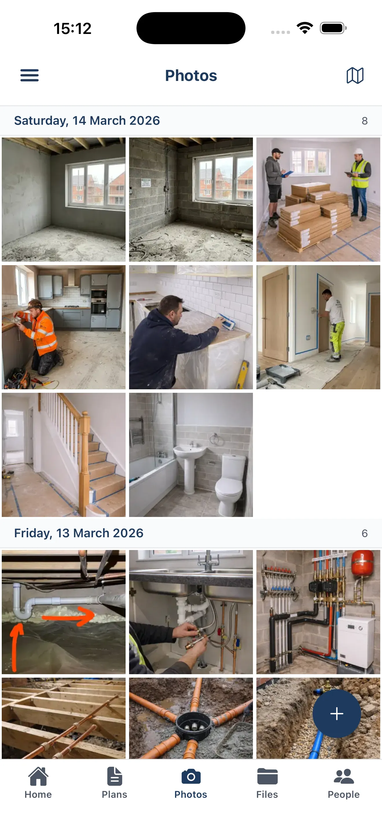 BuildersAI app photos screen showing site photos organised by date